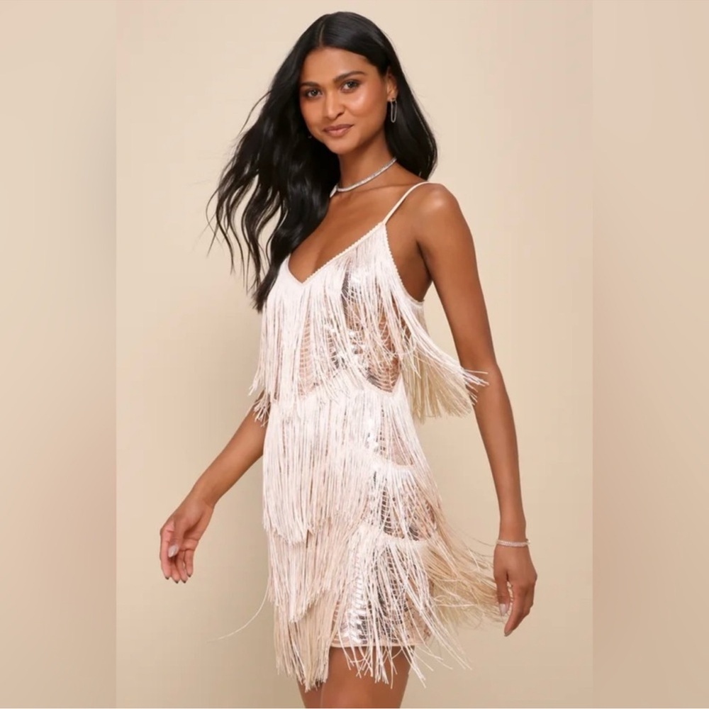 Lulu's Get in the Groove Champagne Sequin Fringe Bodycon Dress